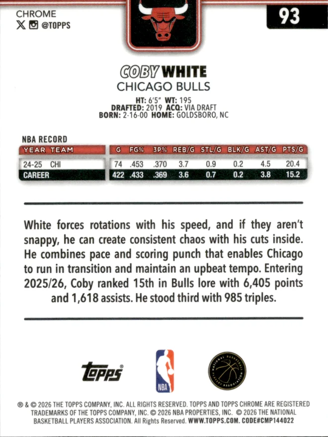 Coby White card back