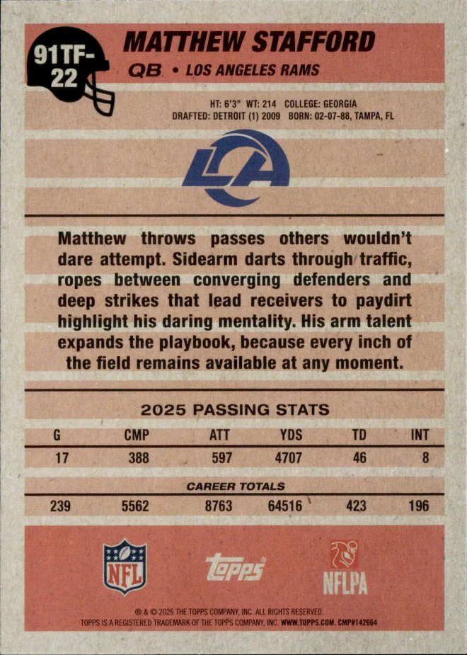 Matthew Stafford card back