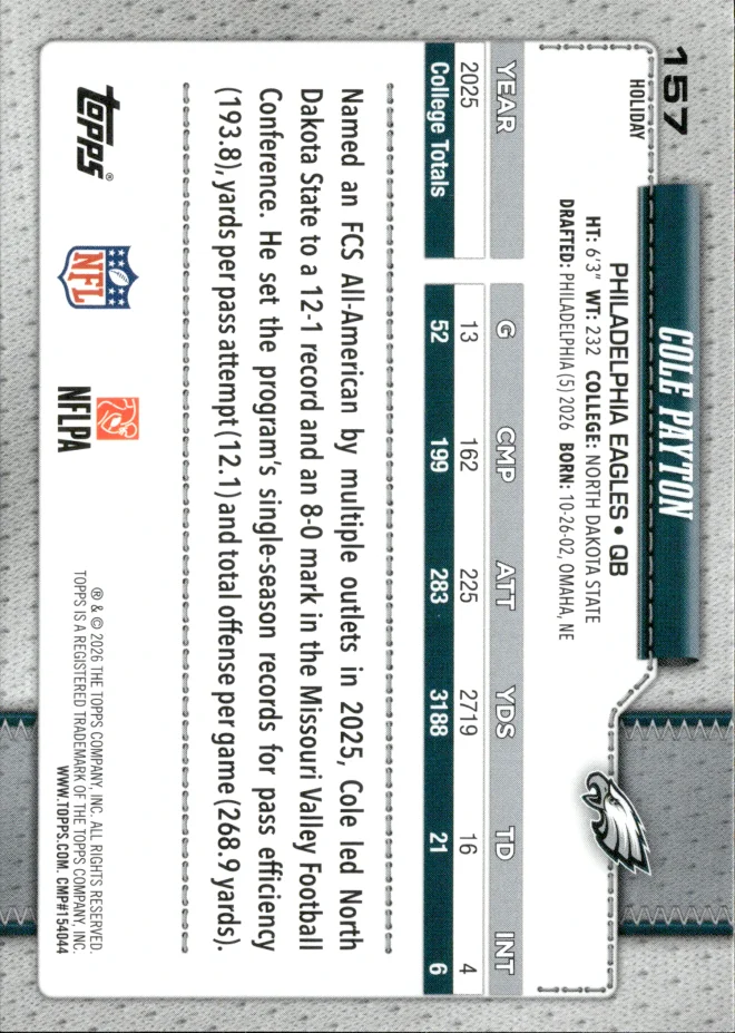 Cole Payton card back