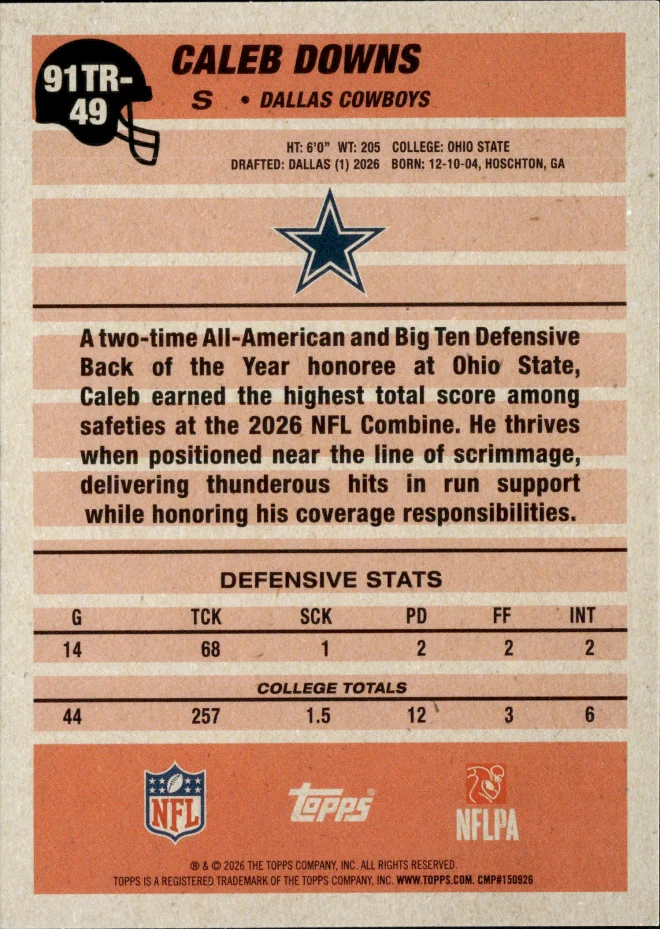 Caleb Downs card back