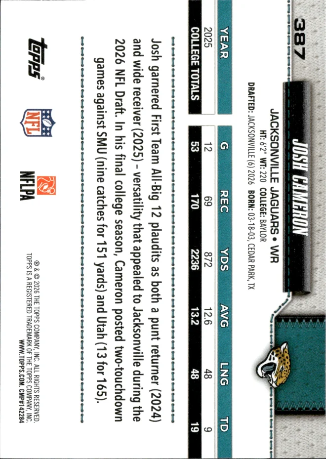 Josh Cameron card back