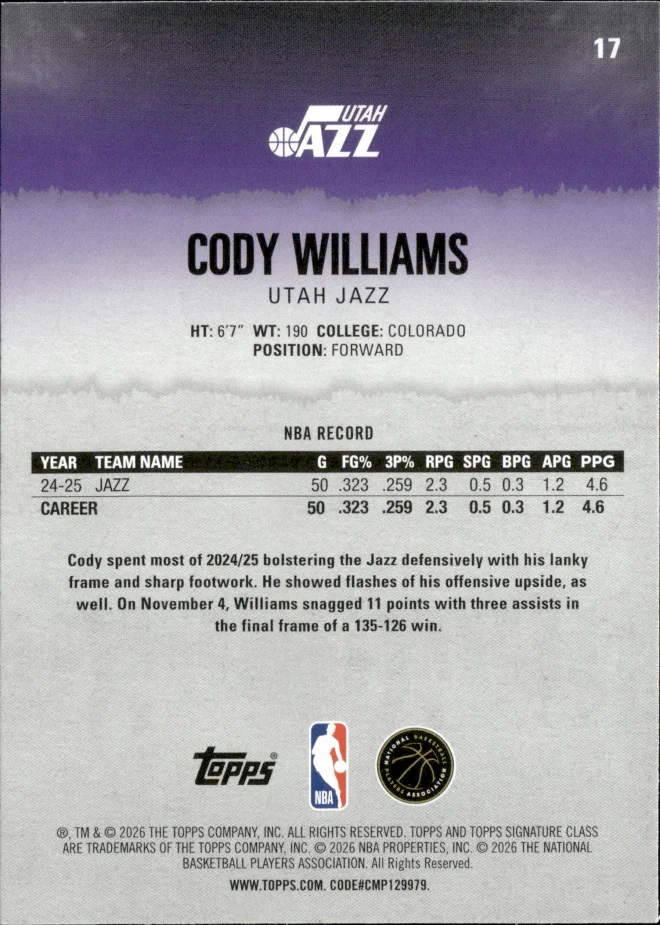 Cody Williams card back