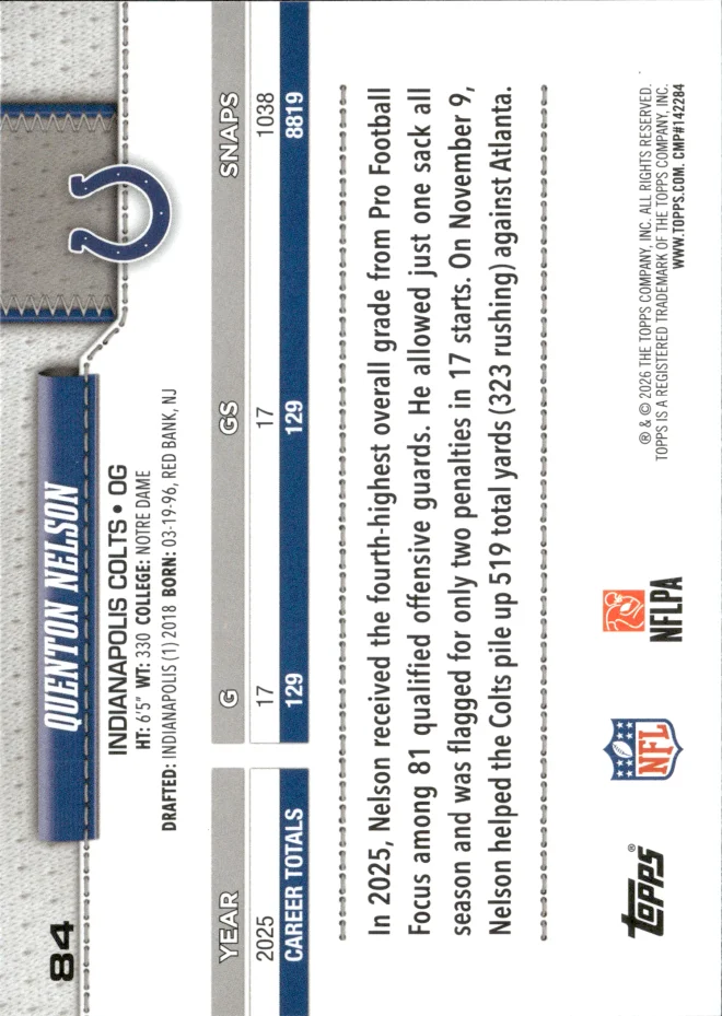 Quenton Nelson card back