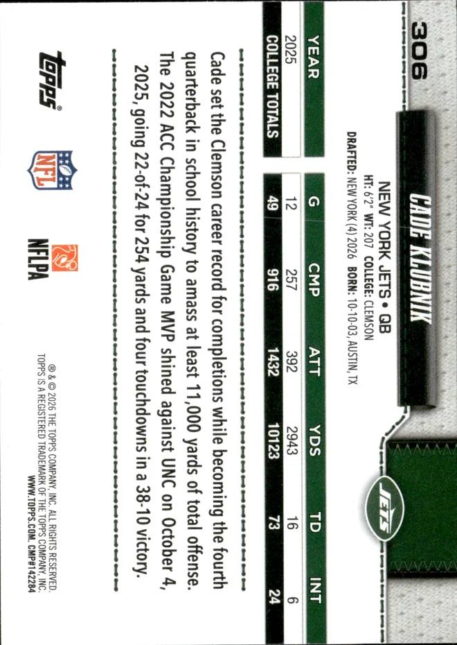 Cade Klubnik card back