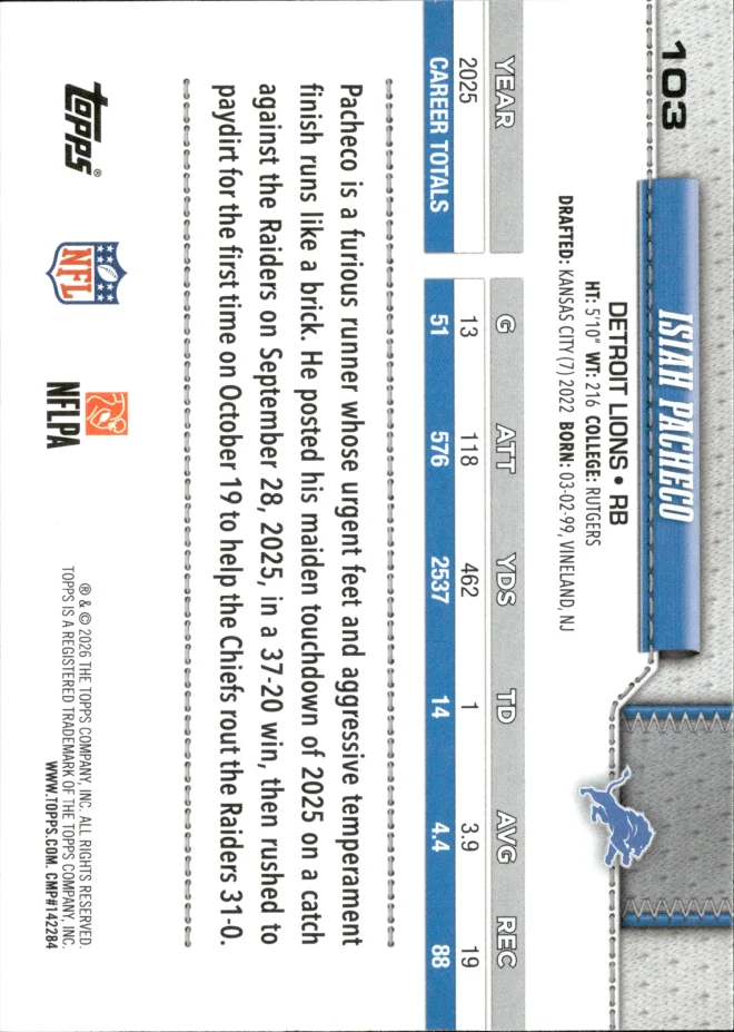 Isiah Pacheco card back