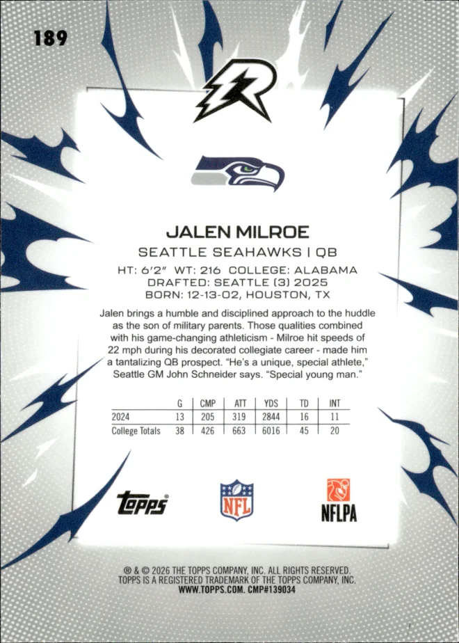 Jalen Milroe card back