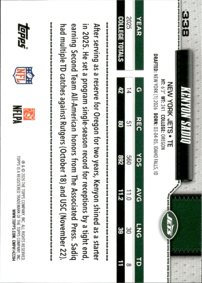 Kenyon Sadiq card back
