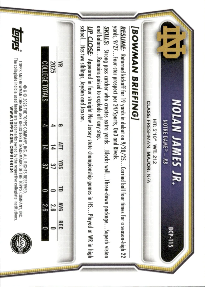 Nolan James Jr. card back