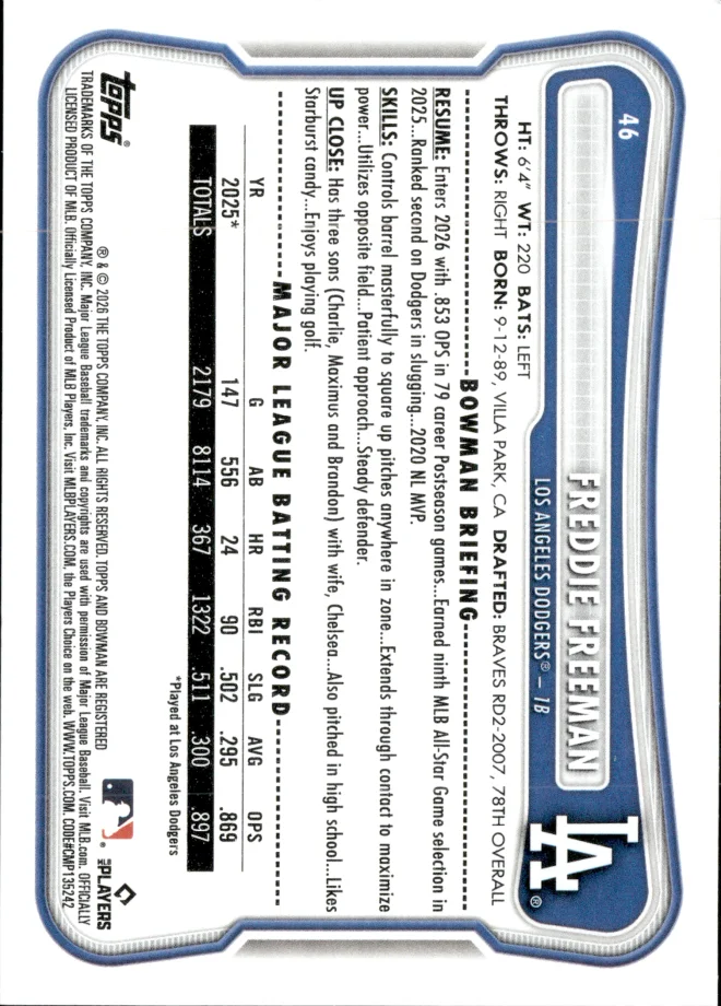 Freddie Freeman card back