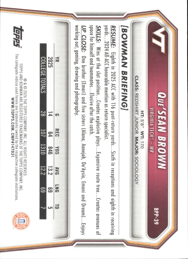 Que'Sean Brown card back