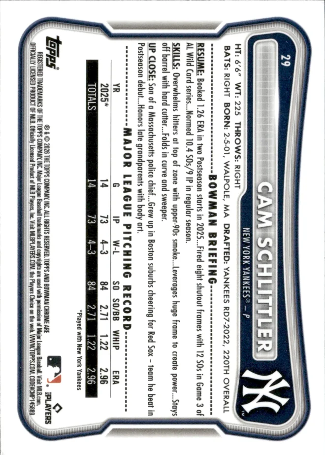 Cam Schlittler card back
