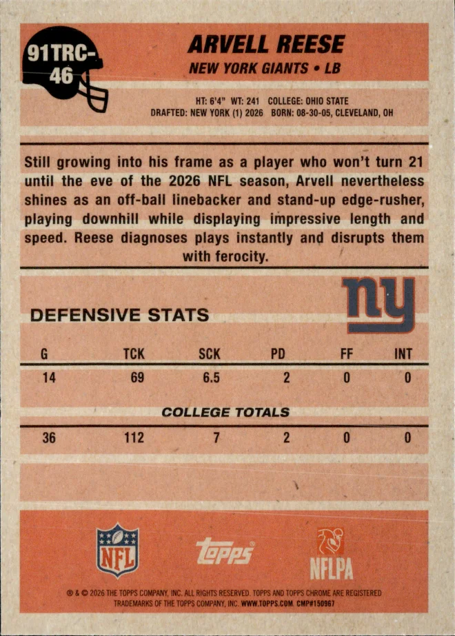 Arvell Reese card back