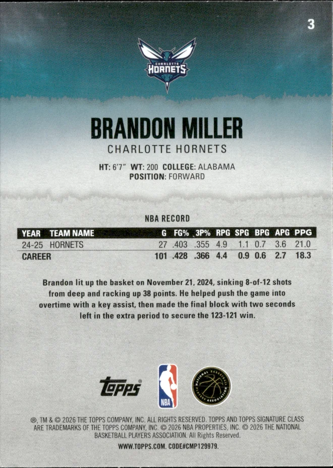 Brandon Miller card back