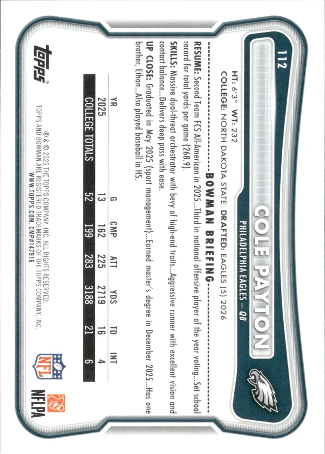Cole Payton card back