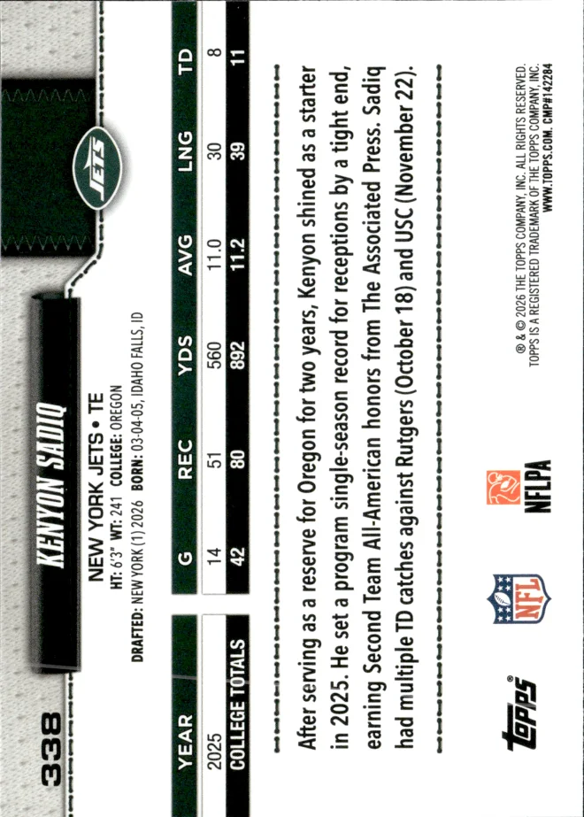 Kenyon Sadiq card back