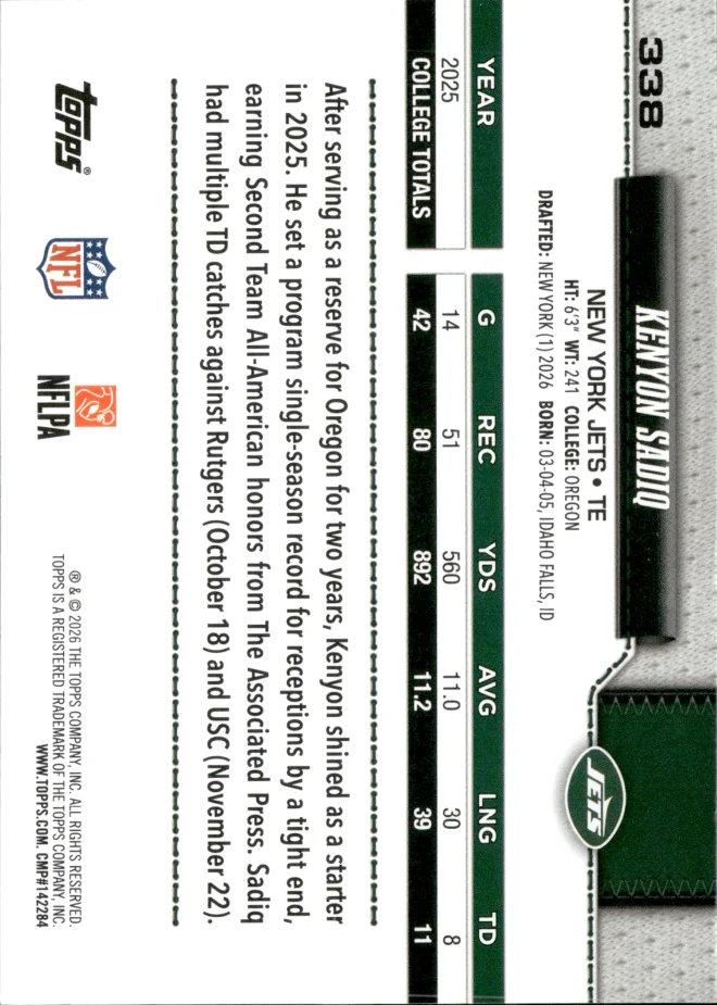 Kenyon Sadiq card back