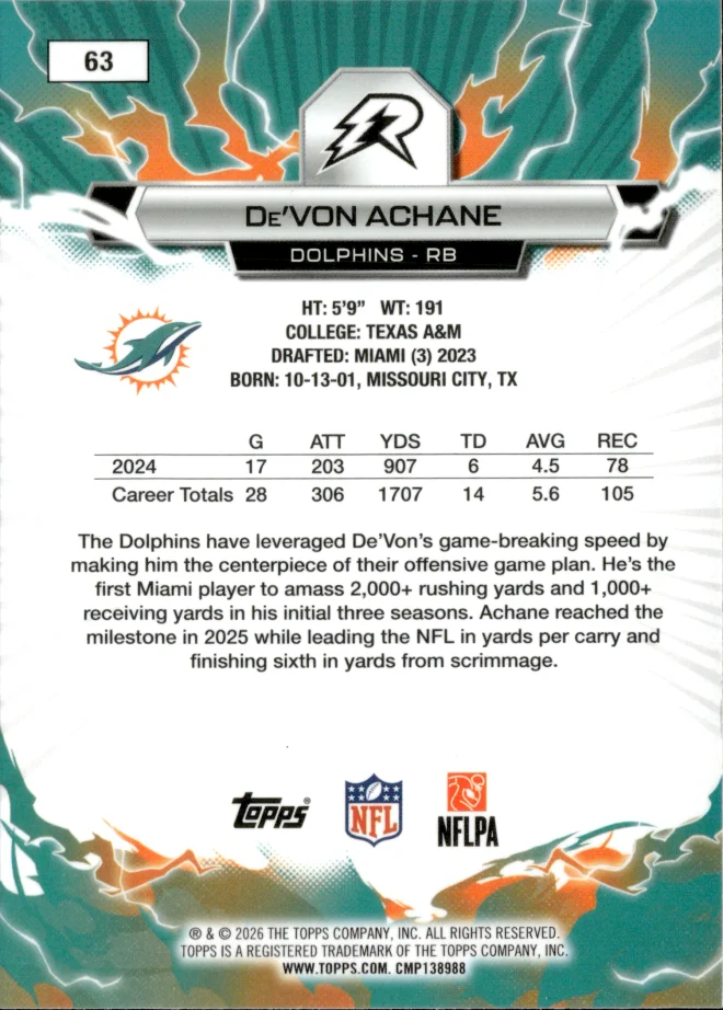 De'Von Achane card back
