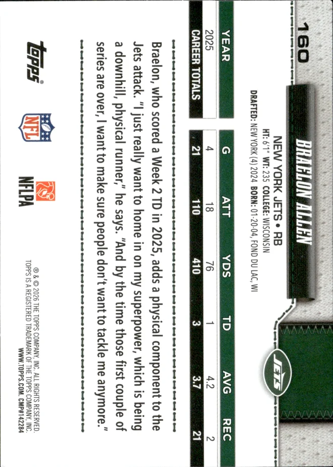 Braelon Allen card back