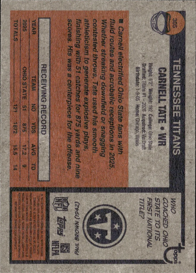 Carnell Tate card back