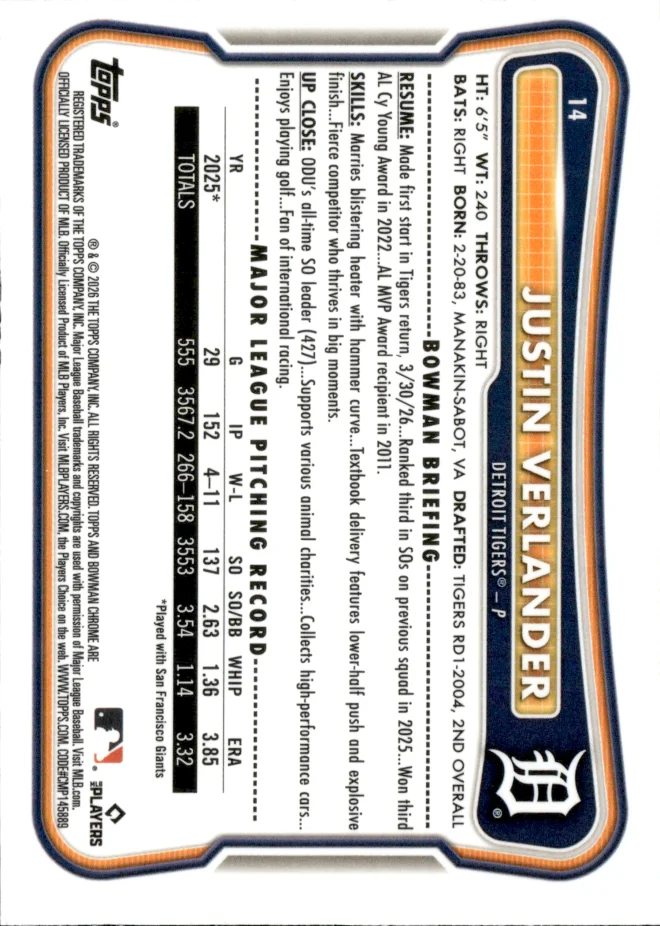 Justin Verlander card back