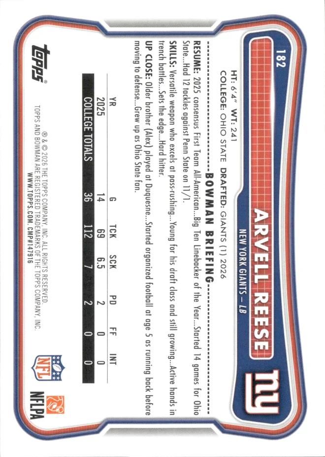 Arvell Reese card back