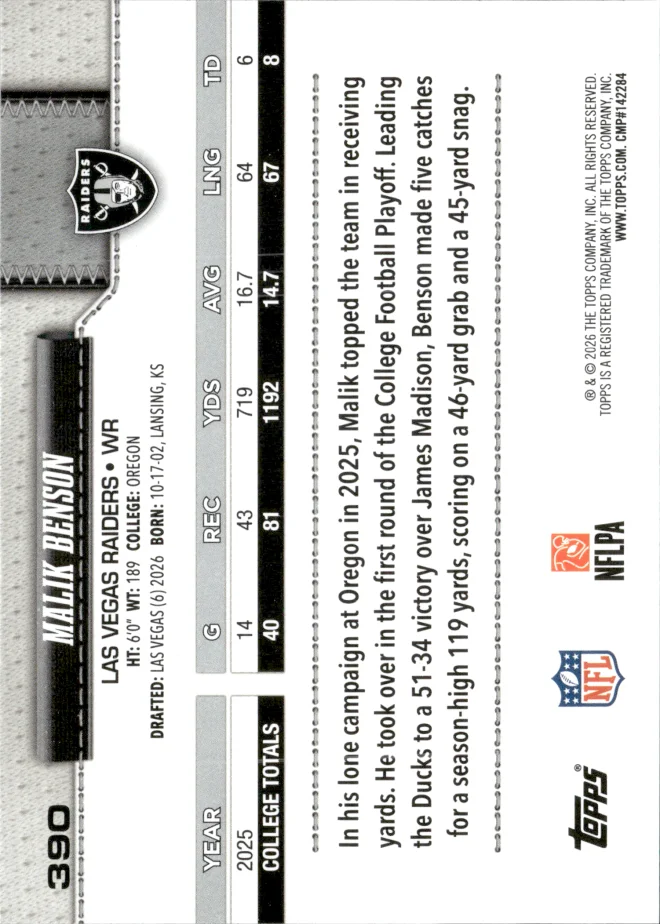Malik Benson card back