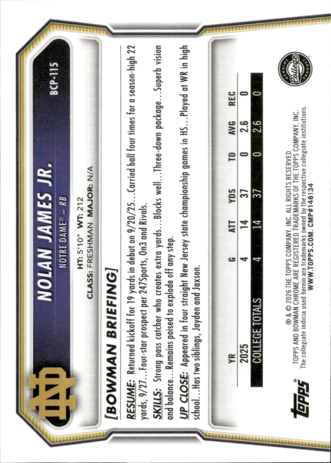 Nolan James Jr. card back