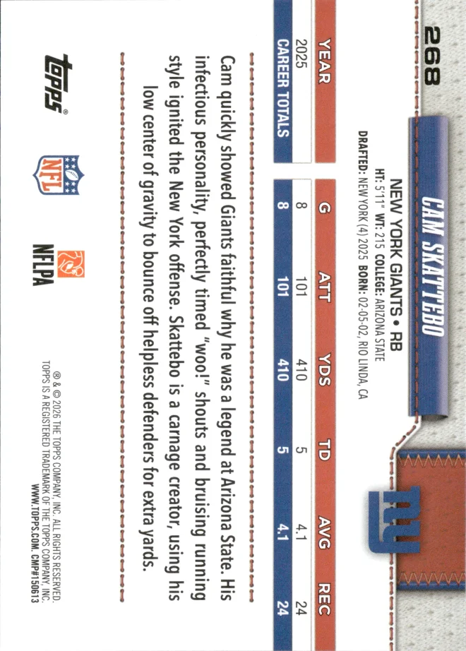 Cam Skattebo card back