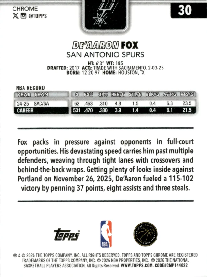 De'Aaron Fox card back