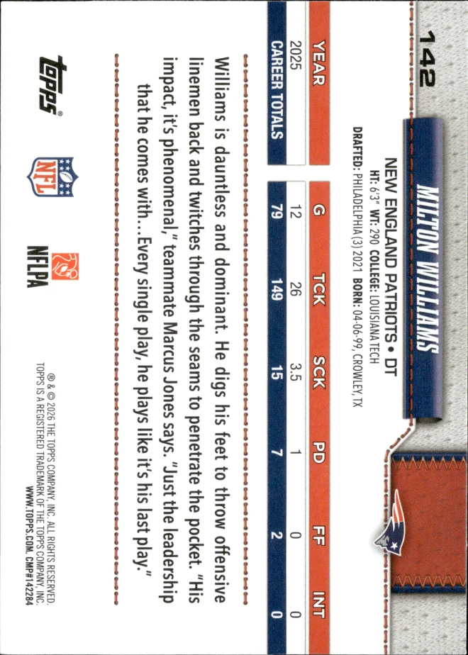 Milton Williams card back
