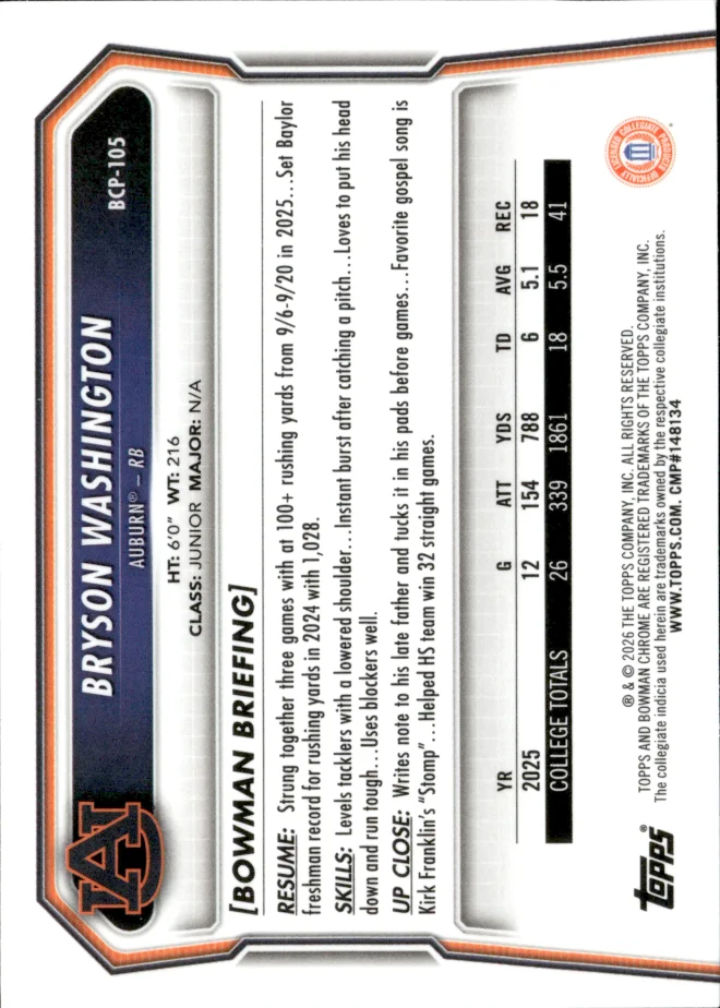 Bryson Washington card back