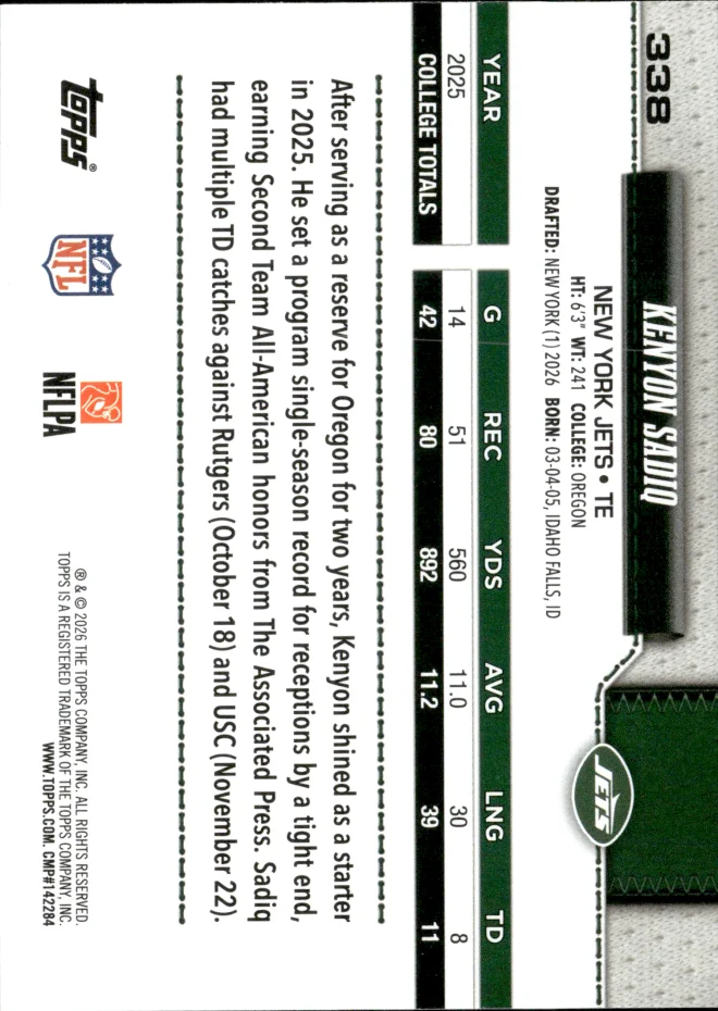 Kenyon Sadiq card back