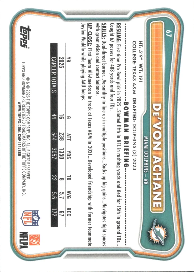 De'Von Achane card back