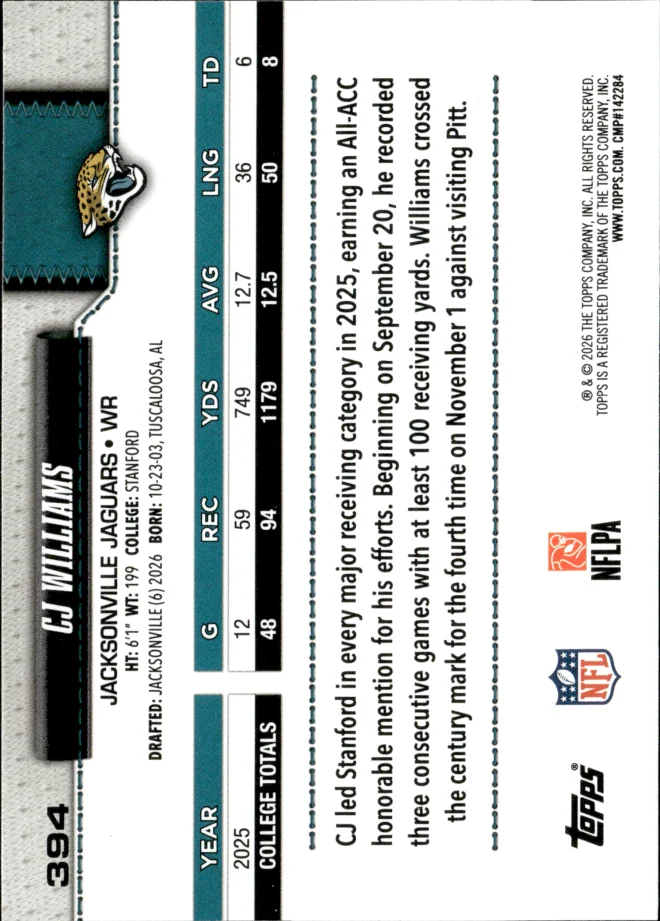 CJ Williams card back