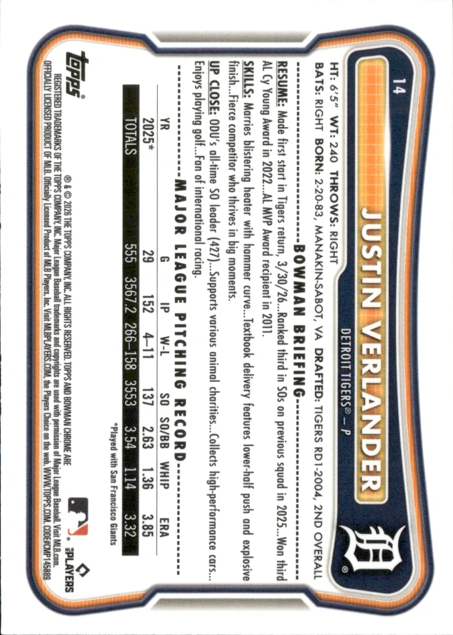 Justin Verlander card back