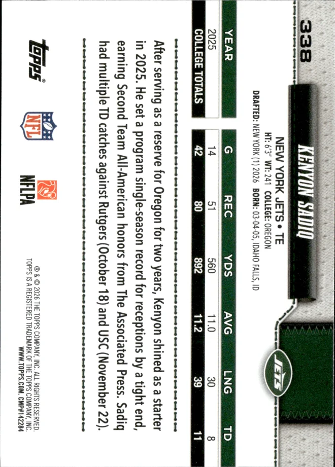Kenyon Sadiq card back