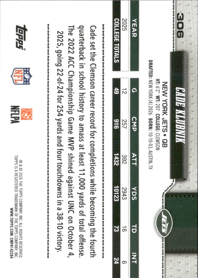 Cade Klubnik card back