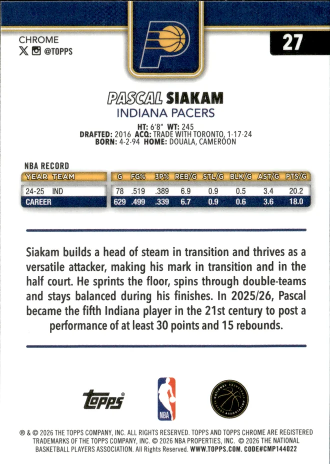 Pascal Siakam card back