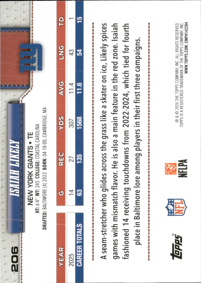 Isaiah Likely card back