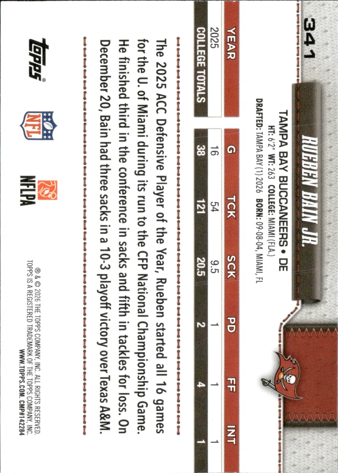 Rueben Bain Jr. card back