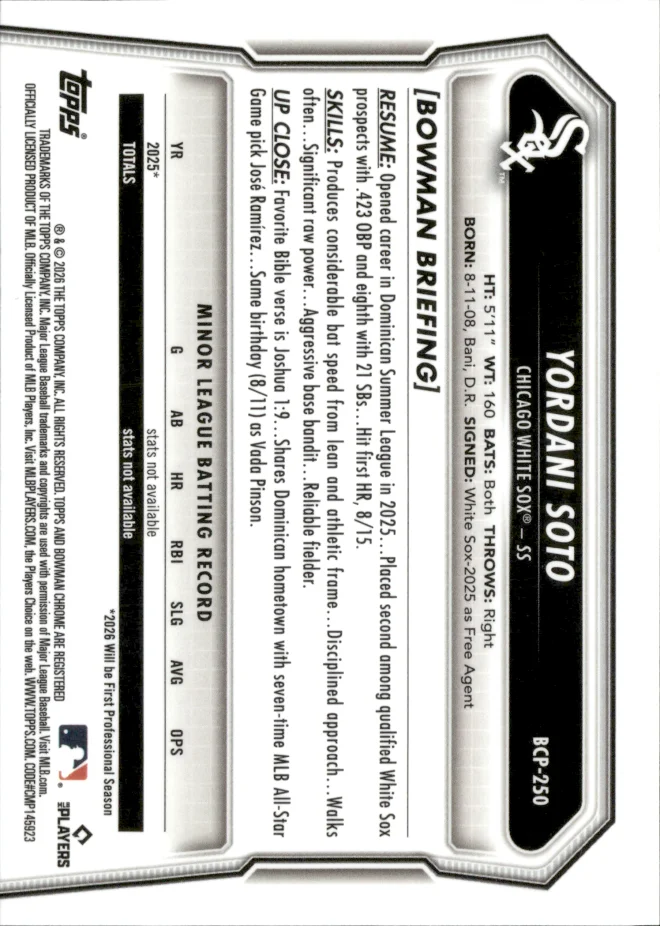 Yordani Soto card back
