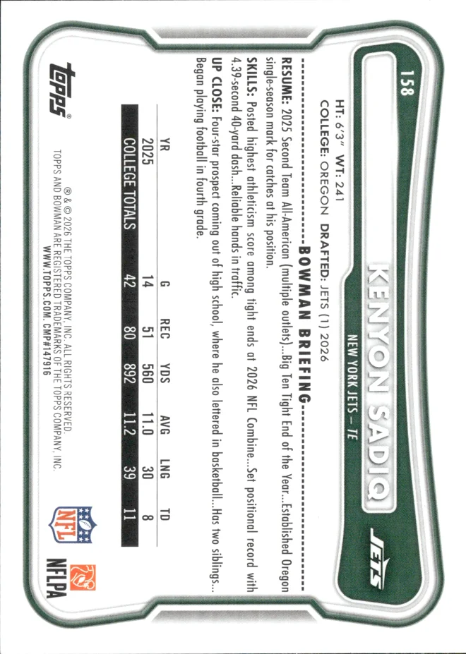 Kenyon Sadiq card back