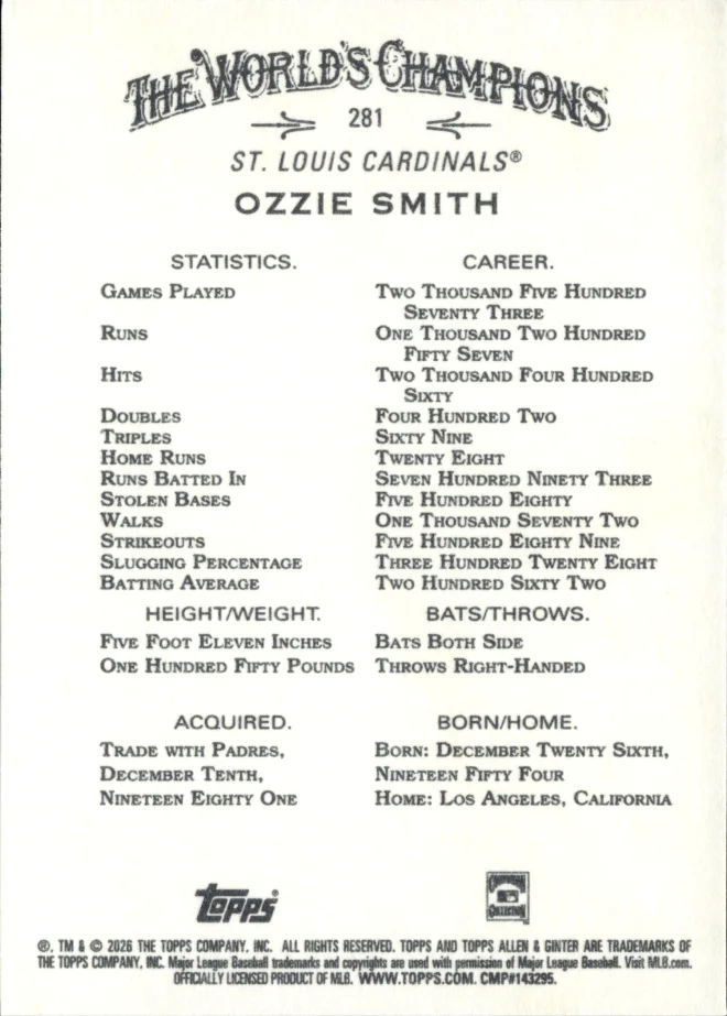 Ozzie Smith card back