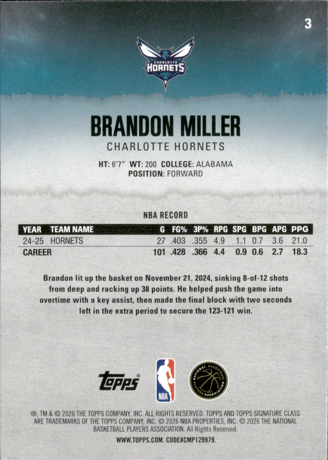 Brandon Miller card back