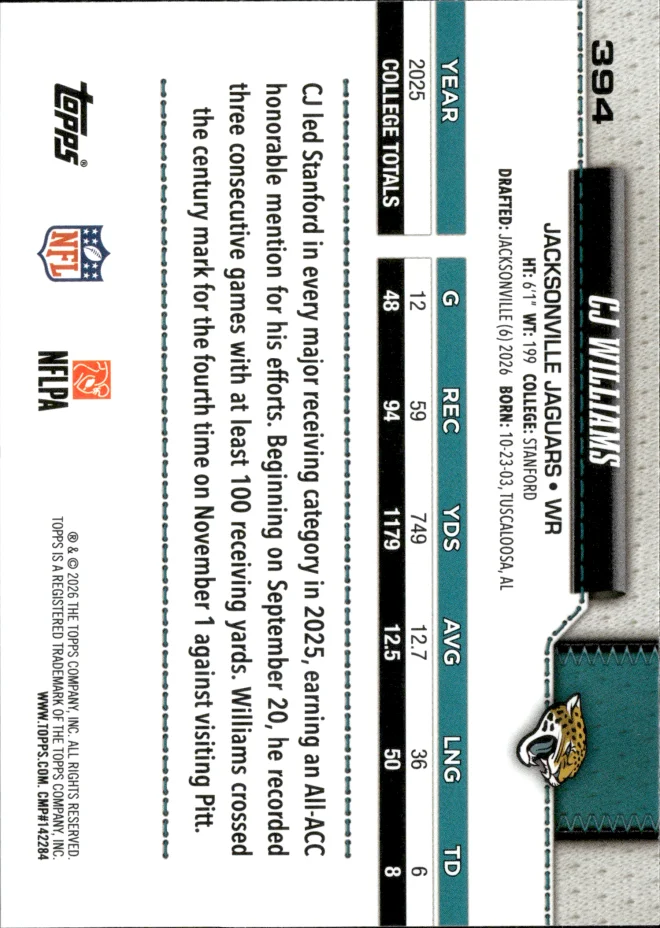 CJ Williams card back