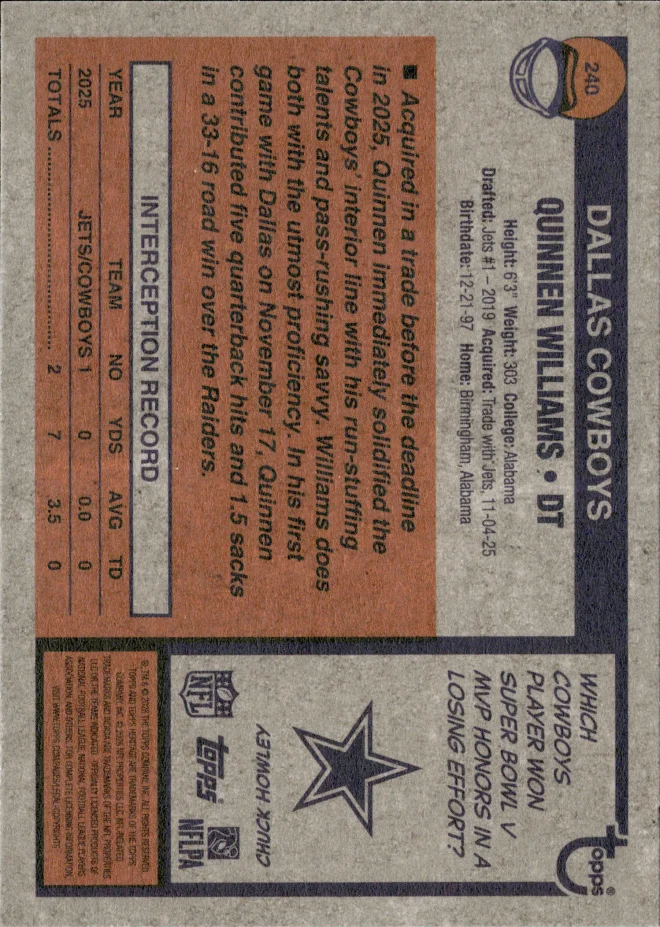 Quinnen Williams card back