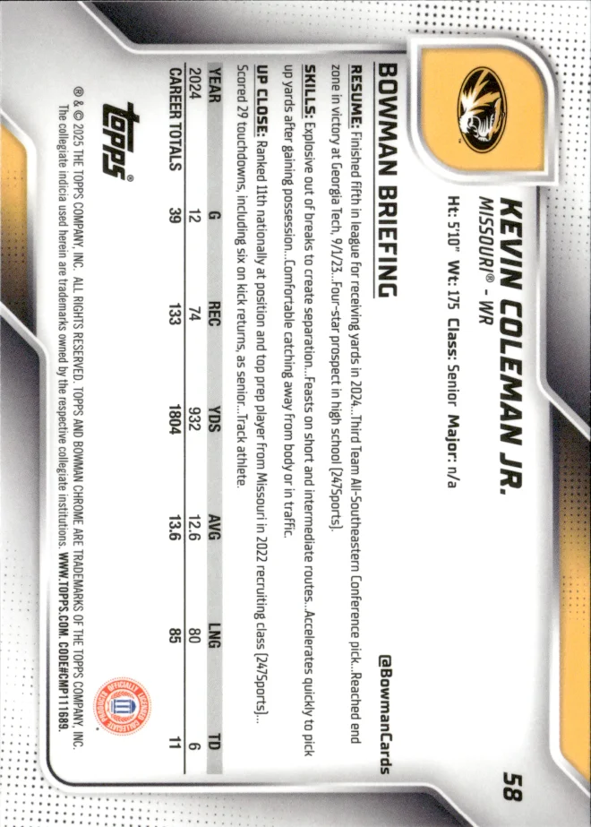 Kevin Coleman Jr. card back