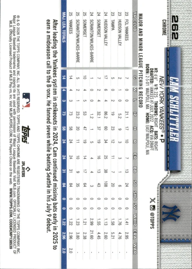 Cam Schlittler card back