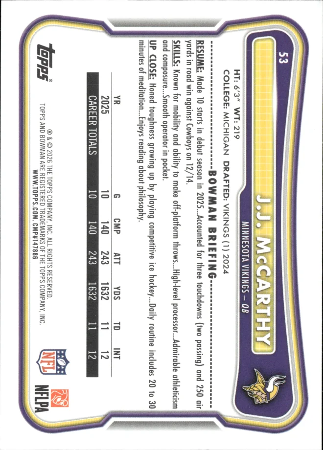J.J. McCarthy card back