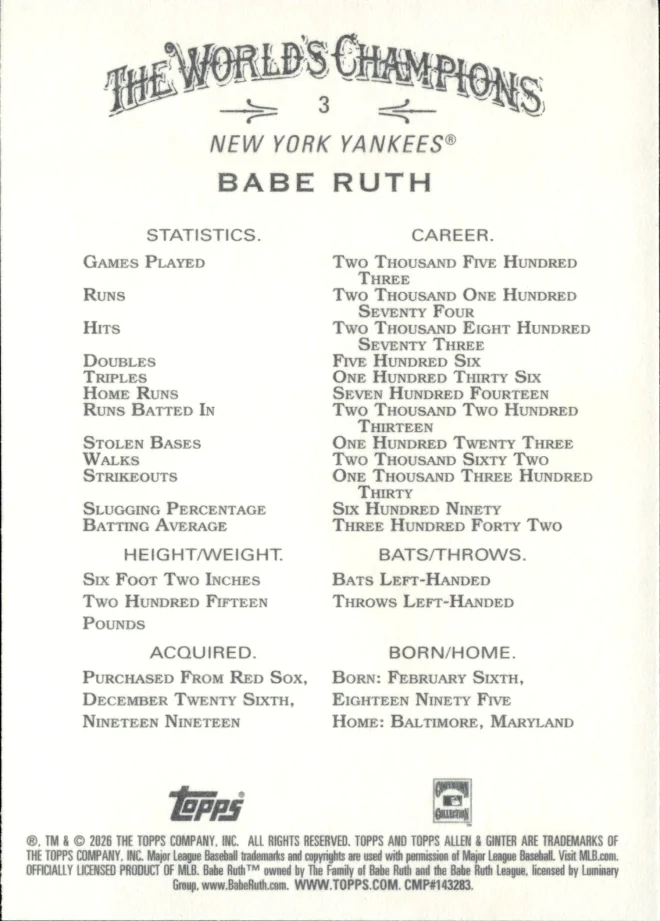 Babe Ruth card back